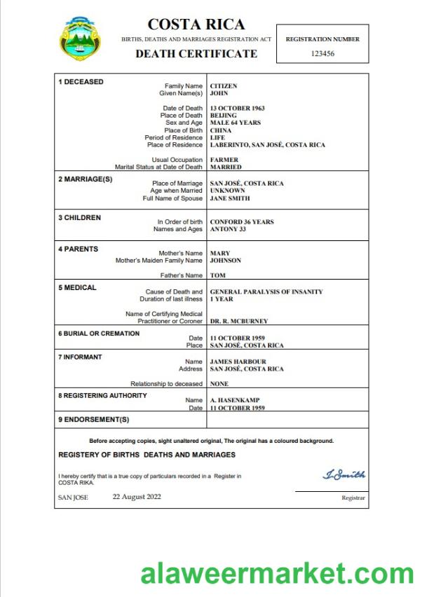 Costa Rica vital record death certificate Word and PDF template